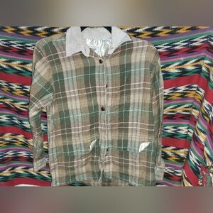 Krazy Kat Girls 90s Green and Brown Plaid Shirt W/ Unique Buttons